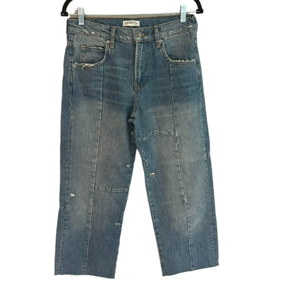 Women's Zara Premium‎ Denim Distressed Patchwork Cropped Jeans Size 4